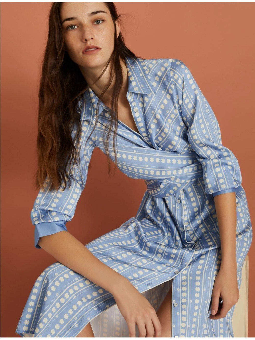 NWT Marella Pineta Satin Faux Wrap Midi Shirt Dress Sky Blue White Size 8